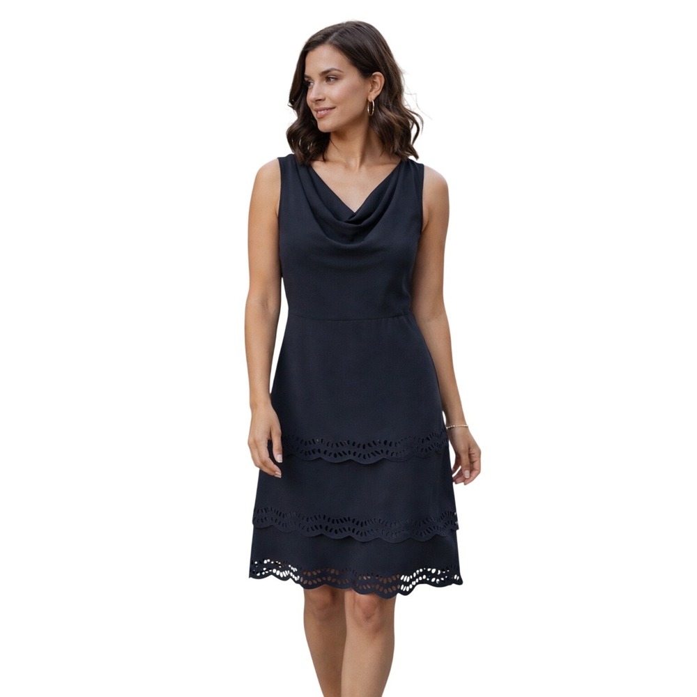 Spense Petite Black Cowl‎ Neck Sleeveless Dress Tiered Laser Cut Hem Size 6P LBD